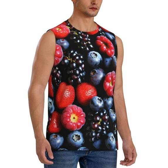 Lsque Variety Of Fruits And Berries Print Men's Cotton Blend Sleeveless Muscle Shirts (S-3XL)- Moisture Wicking, Odor Protection, UPF 30+,Large