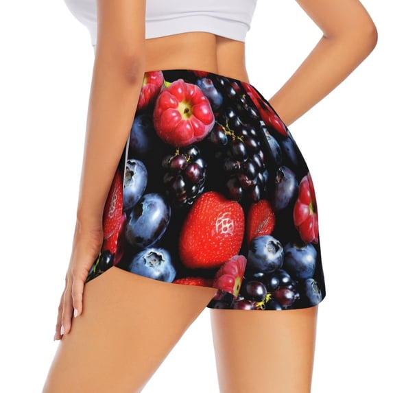 Lsque Variety Of Fruits And Berries Printed Women's Running Shorts with Liner Pockets,Elastic Quick Dry Workout Athletic Gym Yoga Shorts,Womens High Waist Shorts-Small