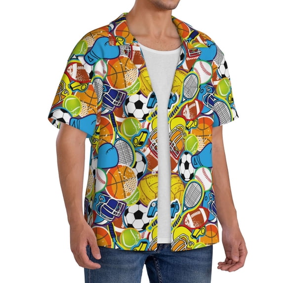 Lsque Various Balls print Men's Cuban Collar Short Sleeve Shirt Summer Beachwear Casual Button Down Fashionable Vacation Leisure Shirt-Small