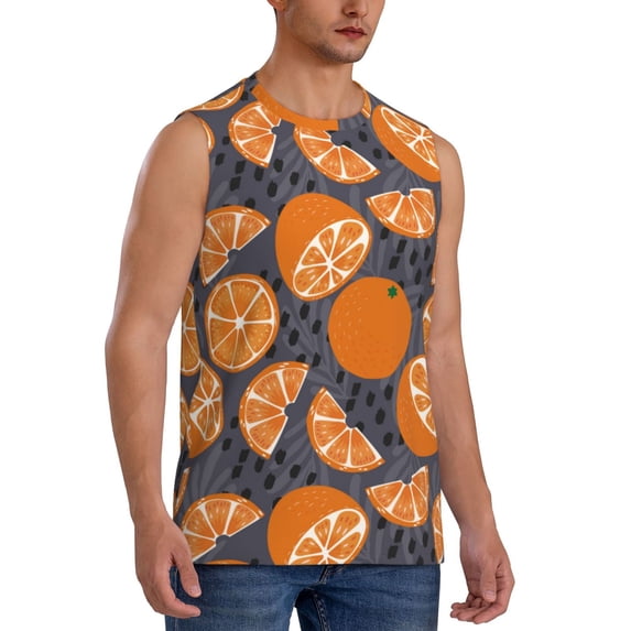 Lsque Various Oranges Print Men's Cotton Blend Sleeveless Muscle Shirts (S-3XL)- Moisture Wicking, Odor Protection, UPF 30+,3X-Large