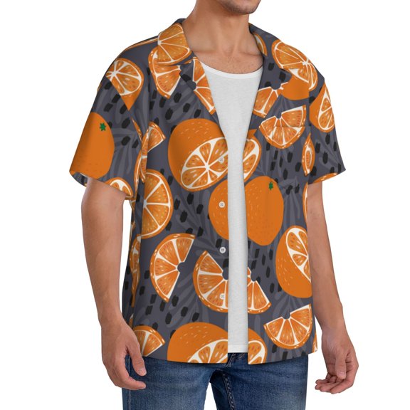 Lsque Various Oranges print Men's Cuban Collar Short Sleeve Shirt Summer Beachwear Casual Button Down Fashionable Vacation Leisure Shirt-3X-Large