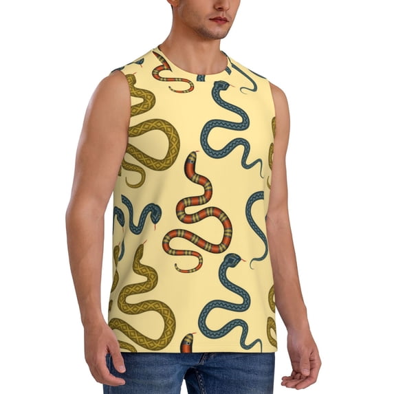 Lsque Various Snake Print Men's Cotton Blend Sleeveless Muscle Shirts (S-3XL)- Moisture Wicking, Odor Protection, UPF 30+,XX-Large