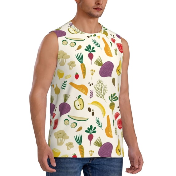 Lsque Vegetable Print Men's Cotton Blend Sleeveless Muscle Shirts (S-3XL)- Moisture Wicking, Odor Protection, UPF 30+,XX-Large