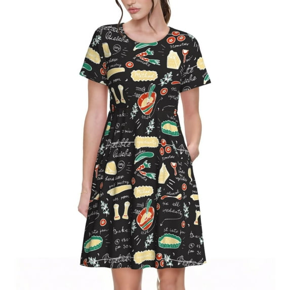 Lsque Vegetable Quiche Print Women's Casual Dress T-Shirt Summer Short Sleeve Scoop Neck Swing Dresses