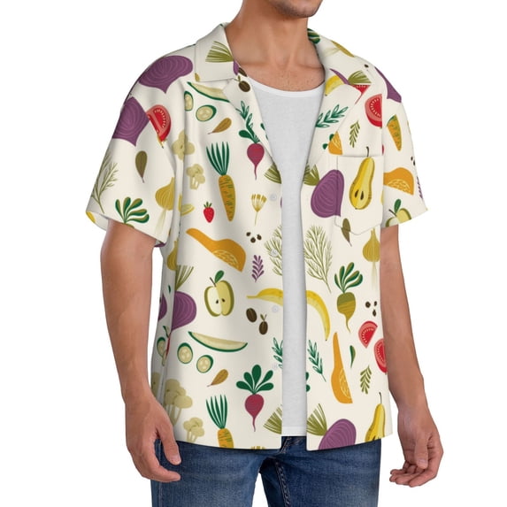 Lsque Vegetable print Men's Cuban Collar Short Sleeve Shirt Summer Beachwear Casual Button Down Fashionable Vacation Leisure Shirt-Large