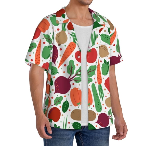 Lsque Vegetables print Men's Cuban Collar Short Sleeve Shirt Summer Beachwear Casual Button Down Fashionable Vacation Leisure Shirt-XX-Large