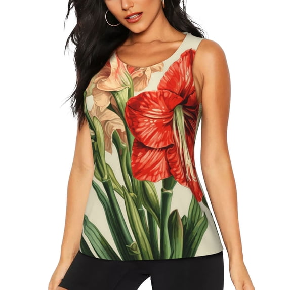 Lsque Vibrant Amaryllis Flowers Printed Workout Tank Tops for Women, Athletic Sports Tank Tops, Compression Sleeveless Dry Fit Shirts,Sleeveless Yoga Shirt-