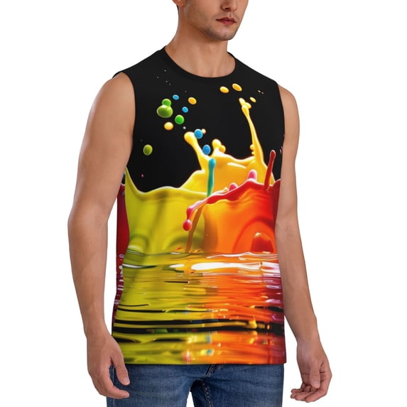 Lsque Vibrant Color Splash Print Men's Cotton Blend Sleeveless Muscle Shirts (S-3XL)- Moisture Wicking, Odor Protection, UPF 30+,Medium
