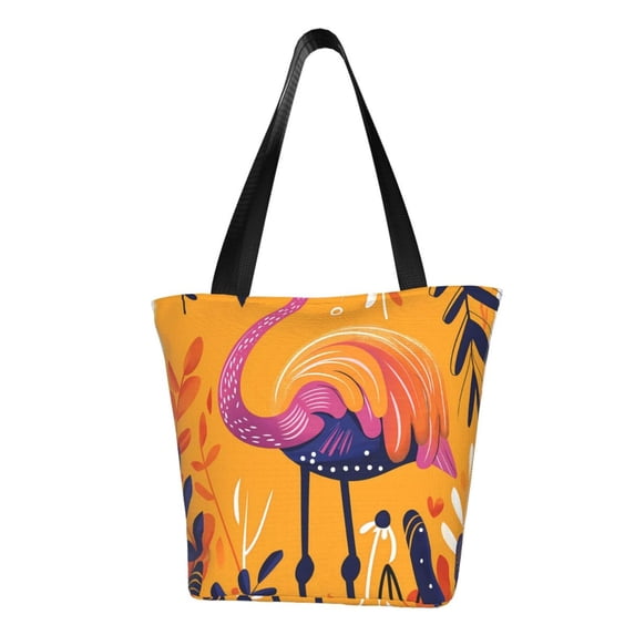 Lsque Vibrant Flamingo Illustration Pattern Beach Tote,Shoulder Handbag,Spacious Tote Bag,Lightweight Travel Bag,Versatile Shopping Bag