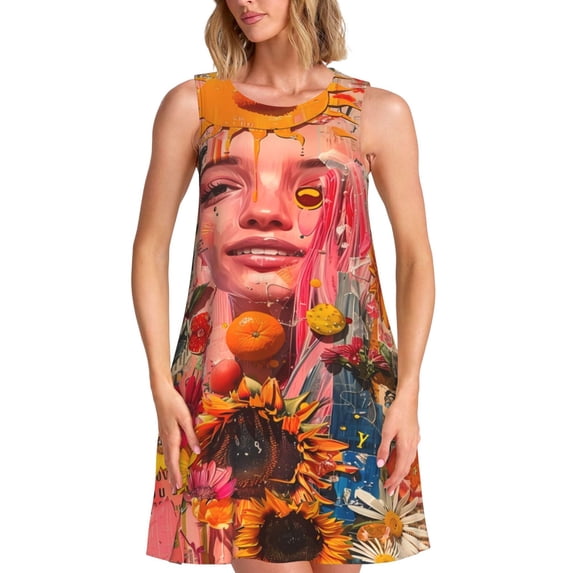 Lsque Vibrant Floral Collage Portrait Pattern Summer Dresses for Women – Sleeveless T-Shirt Swing Sundress, Perfect for the Beach and Casual Days