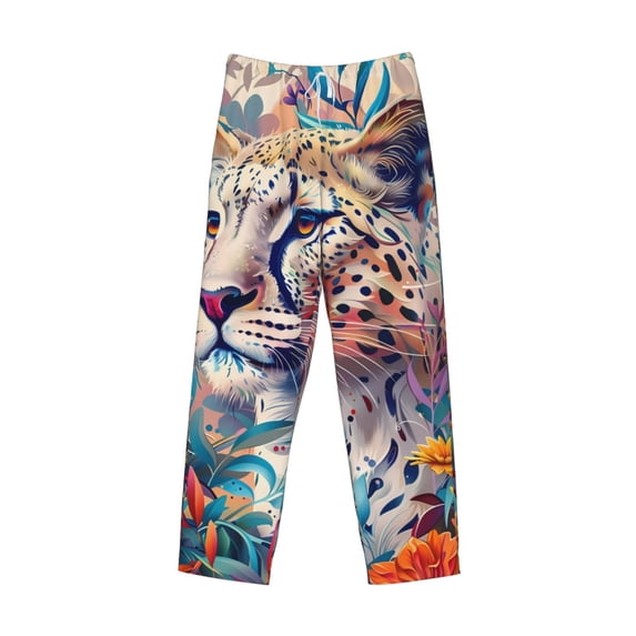 Lsque Vibrant Leopard In Flowers Print Men's Pajama Pants, Lounge Pant - Comfortable Home Wear,Elastic Waistband, Stylish Design-Small