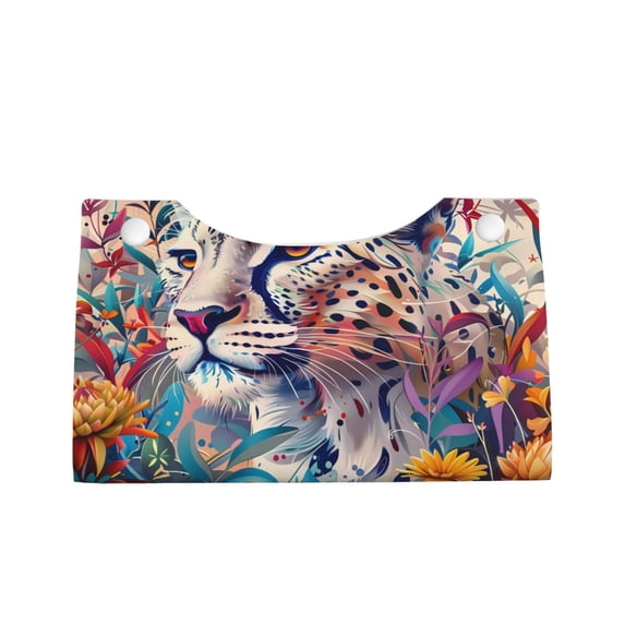Lsque Vibrant Leopard In Flowers Printed Long Tissue Box Cover Holder, Facial Paper Organizer Dispenser,Triangle with Bottom Belt, PVC Leather Decorative Organizer