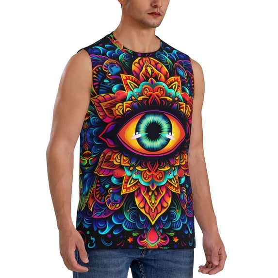 Lsque Vibrant Psychedelic Eye Print Men's Cotton Blend Sleeveless Muscle Shirts (S-3XL)- Moisture Wicking, Odor Protection, UPF 30+,X-Large
