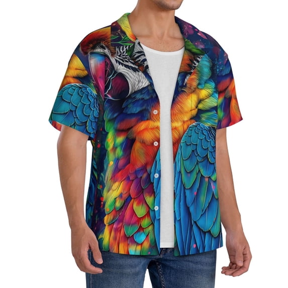 Lsque Vibrant Rainbow Parrot Fantasy print Men's Cuban Collar Short Sleeve Shirt Summer Beachwear Casual Button Down Fashionable Vacation Leisure Shirt-4X-Large