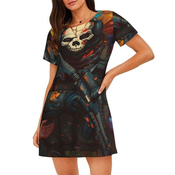 Lsque Vibrant Skull Soldier Pattern Nightgowns for Women Sleep Shirts Short Sleeve Nightshirt Pullover Nightdress Soft Sleepwear Relaxed Fit Nightdress