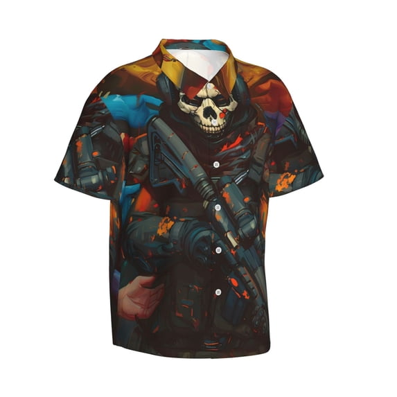 Lsque Vibrant Skull Soldier pattern Hawaiian Shirt for Men, Unisex Summer Beach Casual Short Sleeve Button Down Shirts-Large
