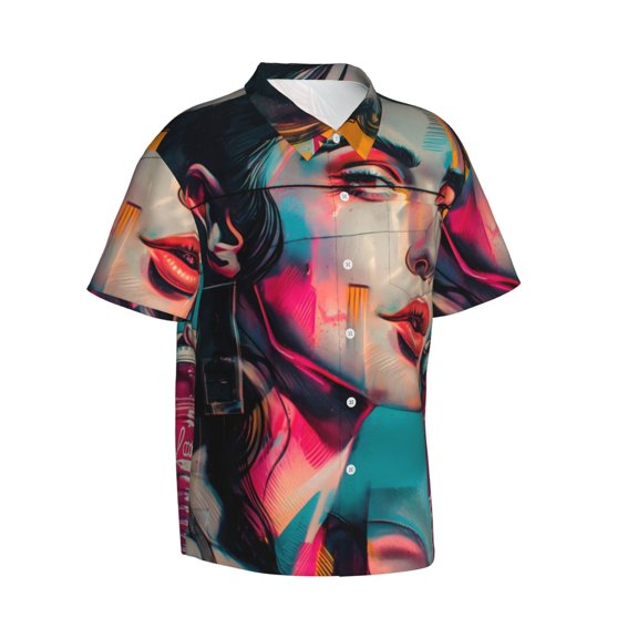 Lsque Vibrant Street Art Portrait pattern Hawaiian Shirt for Men, Unisex Summer Beach Casual Short Sleeve Button Down Shirts-Large