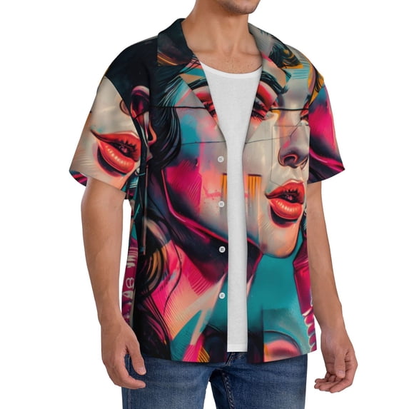 Lsque Vibrant Street Art Portrait print Men's Cuban Collar Short Sleeve Shirt Summer Beachwear Casual Button Down Fashionable Vacation Leisure Shirt-X-Large