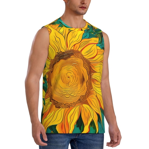 Lsque Vibrant Sunflower Painting Print Men's Cotton Blend Sleeveless Muscle Shirts (S-3XL)- Moisture Wicking, Odor Protection, UPF 30+,XX-Large