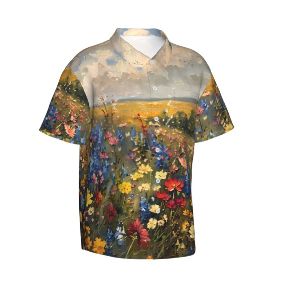 Lsque Vibrant Wildflower Meadow pattern Hawaiian Shirt for Men, Unisex Summer Beach Casual Short Sleeve Button Down Shirts-Medium