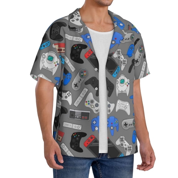 Lsque Video Game print Men's Cuban Collar Short Sleeve Shirt Summer Beachwear Casual Button Down Fashionable Vacation Leisure Shirt-XX-Large
