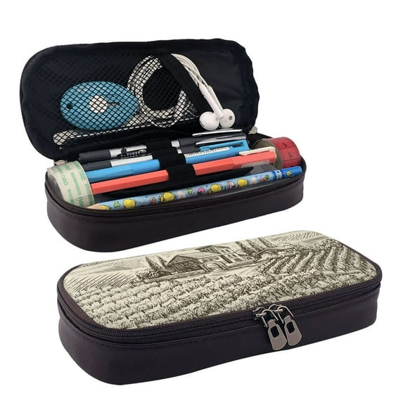 Lsque Vineyard Landscape Printed Big Capacity PU Leather Pencil Case Large Pencil Pouch Stationery Pen Bag Pencil Holder for Teen