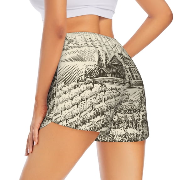 Lsque Vineyard Landscape Printed Women's Running Shorts with Liner Pockets,Elastic Quick Dry Workout Athletic Gym Yoga Shorts,Womens High Waist Shorts-XX-Large
