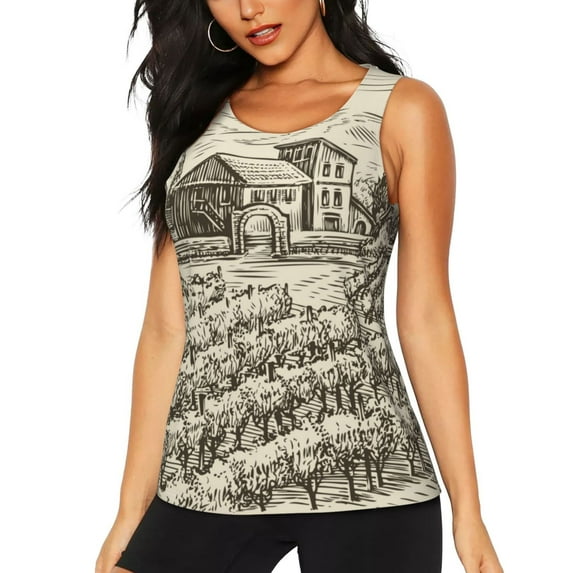 Lsque Vineyard Landscape Printed Workout Tank Tops for Women, Athletic Sports Tank Tops, Compression Sleeveless Dry Fit Shirts,Sleeveless Yoga Shirt-Large
