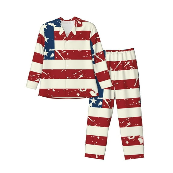 Lsque Vintage American Flag Pattern Long Sleeve Pajama Set for Men - Soft 2-Piece Sleepwear and Loungewear Set with Pockets, Comfy Nightwear-Small