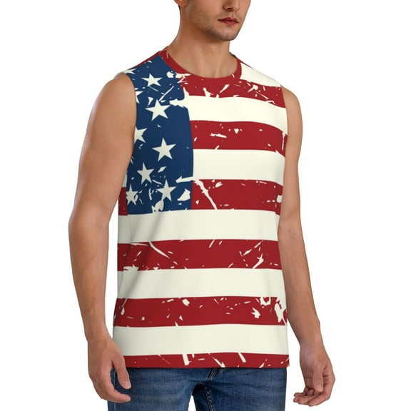 Lsque Vintage American Flag Print Men's Cotton Blend Sleeveless Muscle Shirts (S-3XL)- Moisture Wicking, Odor Protection, UPF 30 ,XX-Large