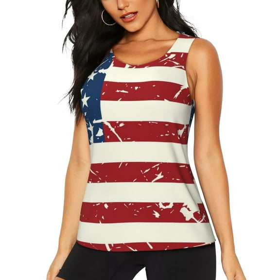 Lsque Vintage American Flag Printed Workout Tank Tops for Women, Athletic Sports Tank Tops, Compression Sleeveless Dry Fit Shirts,Sleeveless Yoga Shirt-Small