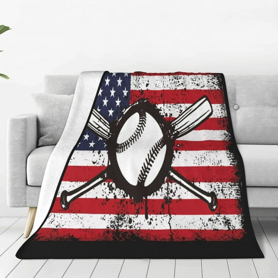 Lsque Vintage Baseball American Flag Pattern Fuzzy Fleece Throw Blanket Extra Large,Super Soft,Fluffy and Warm Blankets for Couch,Bed,All Season Use-60"x50"