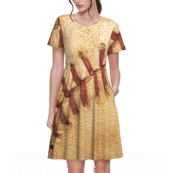 Lsque Vintage Baseball Print Women's Casual Dress T-Shirt Summer Short Sleeve Scoop Neck Swing Dresses