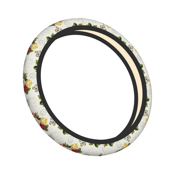 Lsque Vintage Bike Flower Butterfly Ultra Soft Car Steering Wheel Cover for Women, Standard 15 inch Size for Truck Van SUV Auto