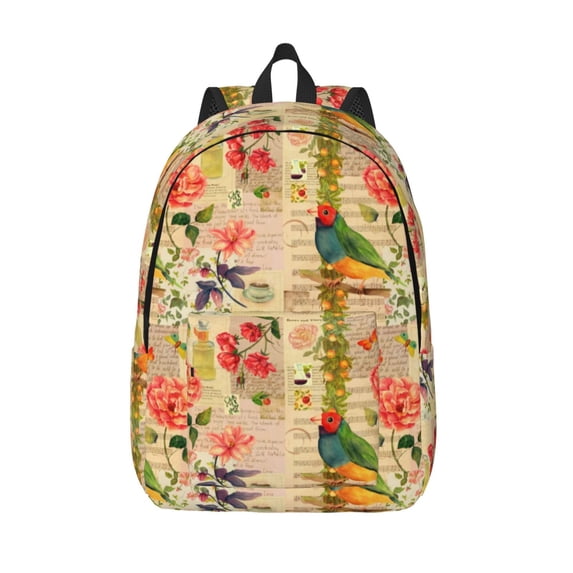 Lsque Vintage Bird Pattern Canvas Daypack, Durable Backpack, High-quality Versatile Backpack,Vintage Compact Backpack-Small
