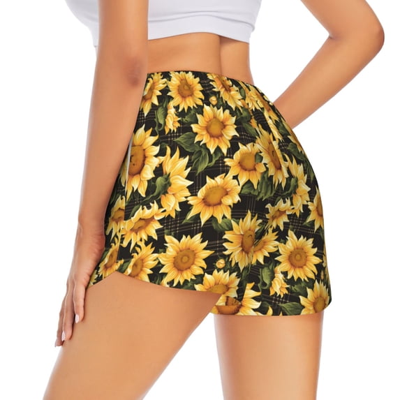 Lsque Vintage Black Plaid Sunflower Printed Women's Running Shorts with Liner Pockets,Elastic Quick Dry Workout Athletic Gym Yoga Shorts,Womens High Waist Shorts-Medium