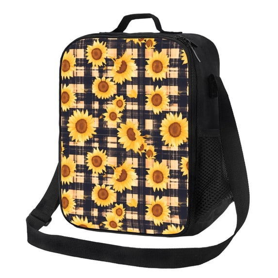 Lsque Vintage Black White Plaid Sunflowe Lunch Bag Lunch Box for Women Men Reusable Insulated Lunch Tote Bag,Leakproof Thermal Cooler Sack Food Handbags Case High Capacity