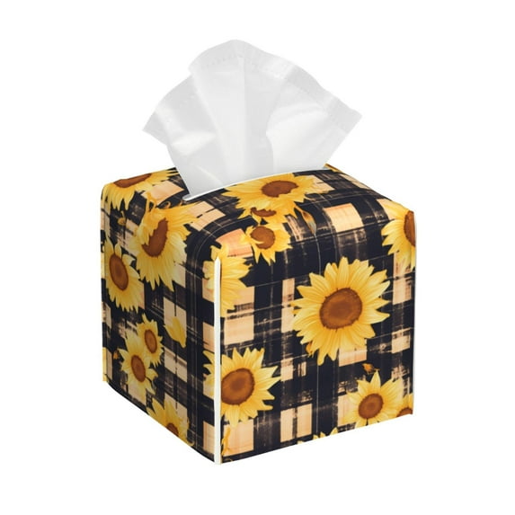 Lsque Vintage Black White Plaid Sunflowe Printed Tissue Box Cover Holder, Facial Paper Organizer Dispenser,Square with Bottom Belt, PVC Leather Decorative Organizer