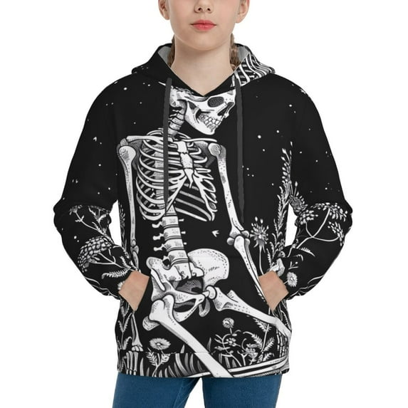 Lsque Vintage Black white Plant skull Patten Youth Hoodie Sweatshirt Pullover with Kangaroo Pocket Boys and Girls Hoodie Warm Hoodie for Kids-X-Large