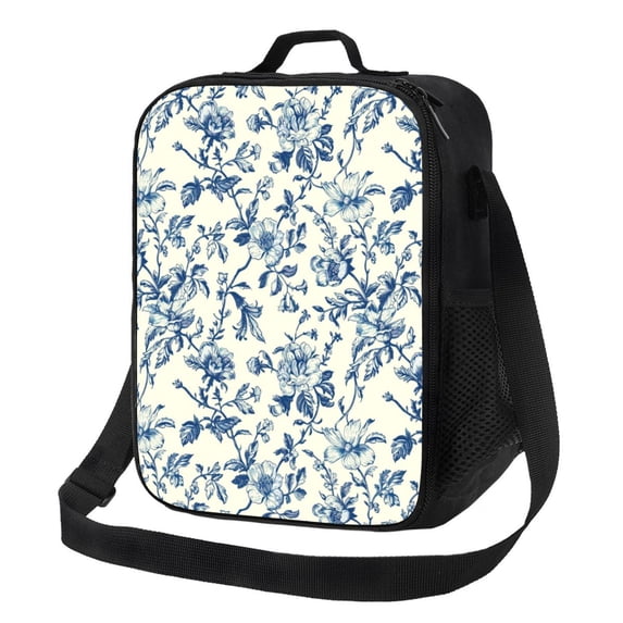 Lsque Vintage Blue Floral Lunch Bag Lunch Box for Women Men Reusable Insulated Lunch Tote Bag,Leakproof Thermal Cooler Sack Food Handbags Case High Capacity