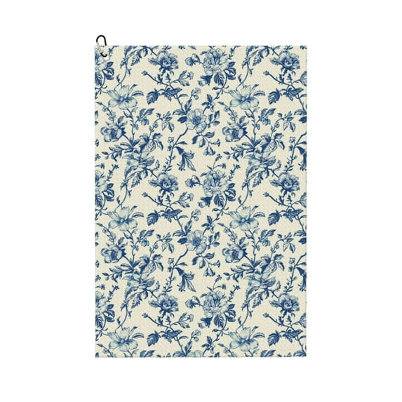 Lsque Vintage Blue Floral Premium Golf Towel - Ultra Absorbent and Quick Drying Microfiber Towel with Carabiner - Gift for Men -24" X 16"