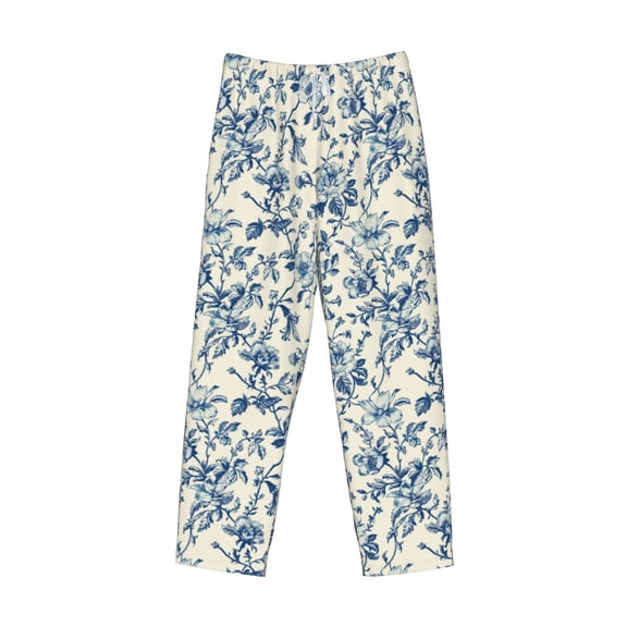 Lsque Vintage Blue Floral Print Men's Pajama Pants, Lounge Pant - Comfortable Home Wear,Elastic Waistband, Stylish Design-Small