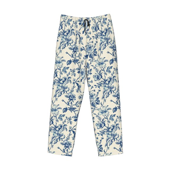Lsque Vintage Blue Floral Print Men's Pajama Pants, Lounge Pant - Comfortable Home Wear,Elastic Waistband, Stylish Design-X-Large