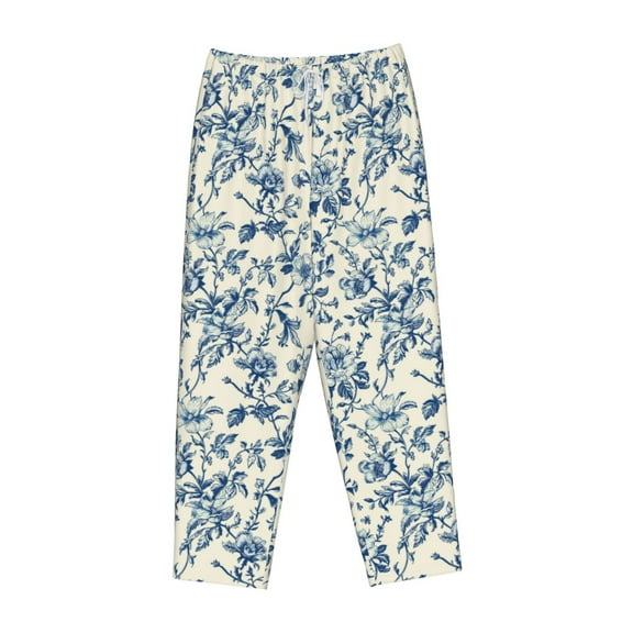 Lsque Vintage Blue Floral Print Women's Pajama Pants, Lounge Pant - Comfortable Home Wear,Elastic Waistband, Stylish Design-Medium