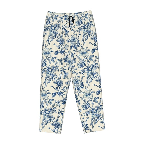 Lsque Vintage Blue Floral Print Women's Pajama Pants, Lounge Pant - Comfortable Home Wear,Elastic Waistband, Stylish Design-X-Large