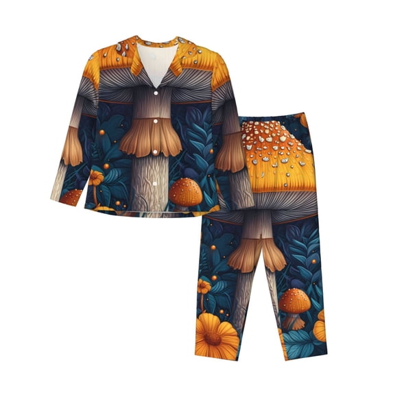 Lsque Vintage Blue Leaf Mushroom Pattern Long Sleeve Pajama Set for Women - Soft 2-Piece Sleepwear and Loungewear Set with Pockets, Comfy Nightwear-Small