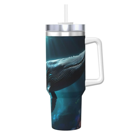 Lsque Vintage Blue Pattern Whale Pattern 40 OZ Ice Bully Cup with Handle and Straw, Double Wall Stainless Steel Tumbler Travel Coffee Cup with Lid for Christmas Present