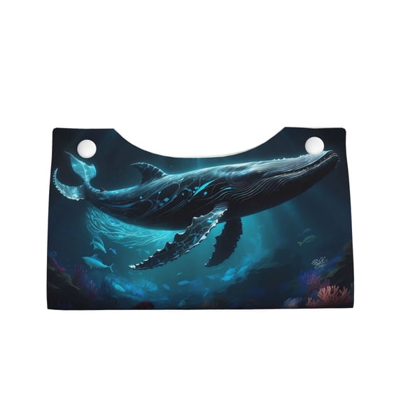 Lsque Vintage Blue Pattern Whale Printed Long Tissue Box Cover Holder, Facial Paper Organizer Dispenser,Triangle with Bottom Belt, PVC Leather Decorative Organizer