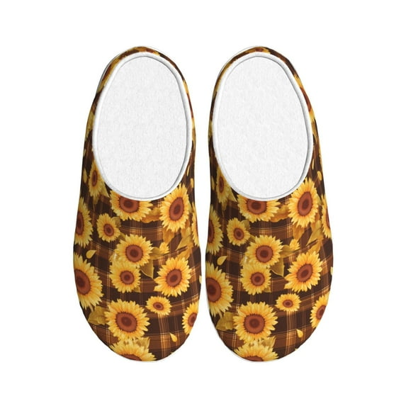 Lsque Vintage Brown Plaid Sunflower Pattern Womens Comfort Cotton on Scuff With Memory Foam and Anti-skid Sole Slipper-35/36