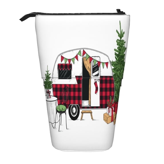 Lsque Vintage Buffalo Plaid Christmas Camper Pattern Telescopic Pencil Bag Pen Holder Stationery Case, Stand-up Retractable Transformer Bag Organizer